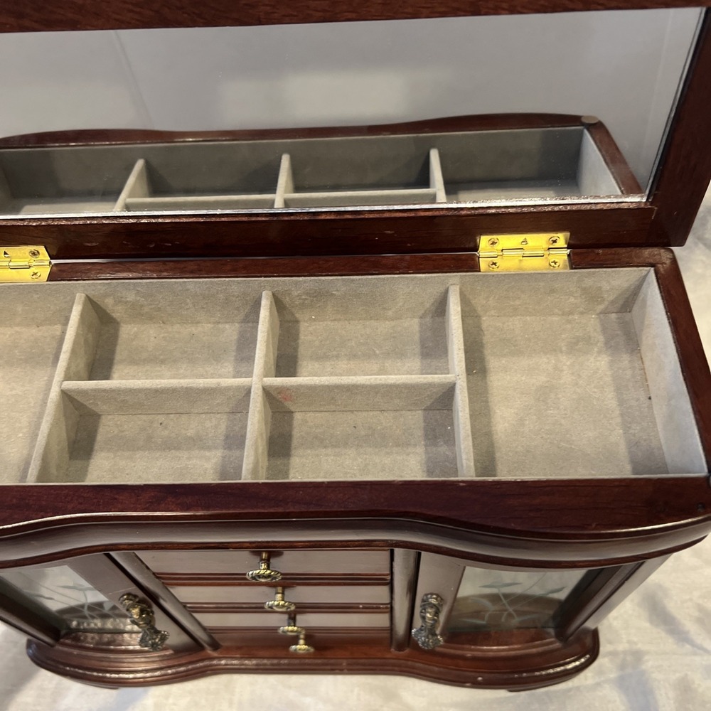 Large Vintage Lift Top Wooden Jewelry Box Etched Glass Doors- 4 Drawers 13.5x11 - Picture 4 of 16